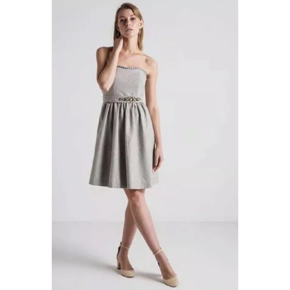 NWT Banana Republic 14 Gray Wool Strapless Dress Jewel Embellished Belt $165